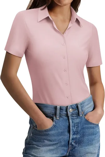 Vista 12 de Gleeivy Camisas con botones para mujer, ajustadas, de manga corta, elásticas, para el trabajo, sin arrugas, blusas de oficina