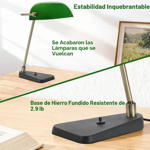Vista 5 de Lámpara de escritorio Green Bankers, marco de latón antiguo y base