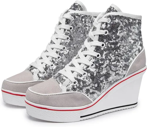Vista 3 de Zapatos de lona de tacón alto para mujer, zapatos casuales de moda, tenis brillantes para caminar, plataforma, cuñas, zapatos de tacón