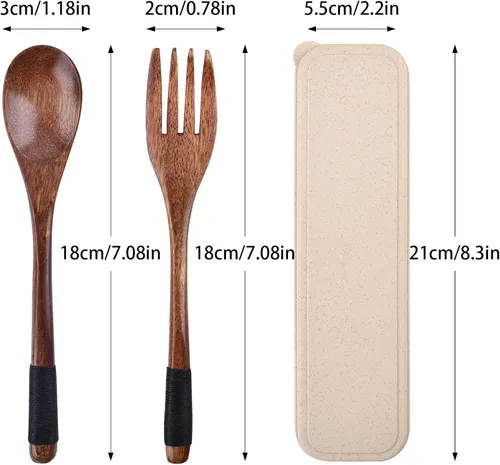 Vista 2 de Juego de cubiertos de madera, cuchara y tenedor, cubiertos de viaje reutilizables con estuche, utensilios portátiles, procesamiento de cuerda