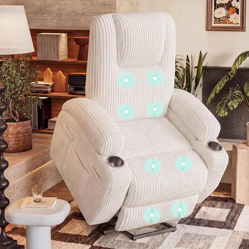Vista 12 de Furmax Silla reclinable eléctrica con masaje para personas mayores, tela de pana, sillón reclinable individual con portavasos, bolsillos laterales