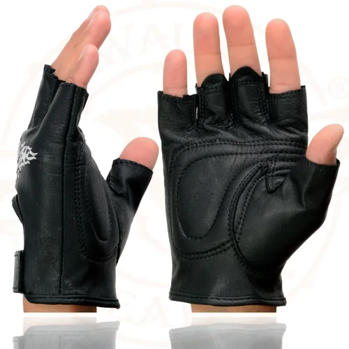 Vista 4 de Milwaukee Leather SH353 - Guantes de mano para motocicleta sin dedos acolchados de gel de cuero negro con calavera y huesos bordados