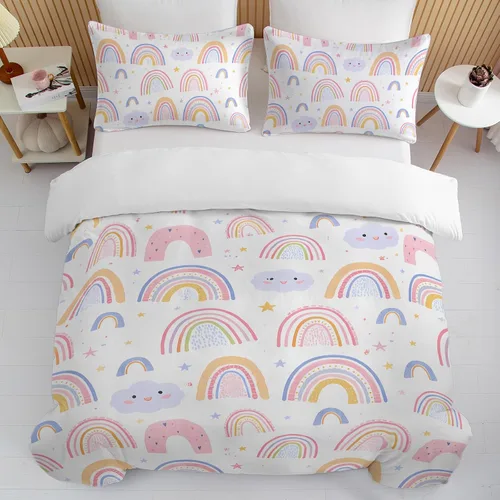 Vista 3 de BEDMUST Juego de funda de edredón tamaño individual arcoíris para niñas, funda de edredón de 3 piezas con 2 fundas de almohada