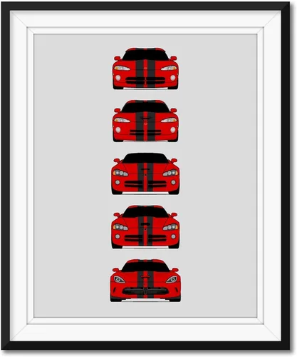 Vista 5 de Custom Car Posters Póster hecho a mano compatible con Dodge Viper Generations e impresión de Viper R/T GTS SRT10, color rojo con rayas blancas, 3.