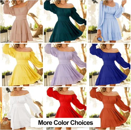 Vista 9 de Exlura - Vestido de manga larga para mujer con cuello cuadrado, holanes, cintura elástica, acampanado, amarre posterior, estilo casual y corto