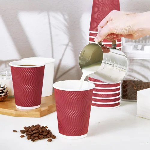 Vista 7 de JollyPack Paquete de 60 tazas de café de papel de 12 onzas, vasos desechables de color rojo vino con pared ondulada aislada para café, té