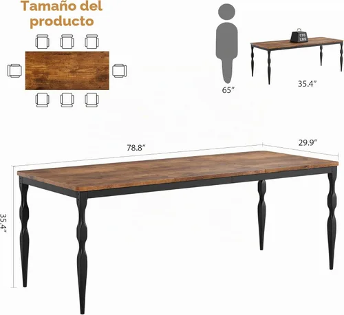 Vista 2 de IDEALHOUSE Mesa de comedor de granja rectangular de 78 pulgadas para 6-8 personas, mesa de cocina de madera con patas resistentes, mesa de cocina
