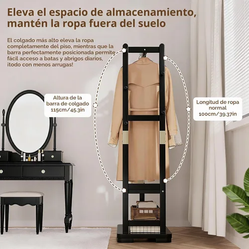 Vista 6 de Taitiy Perchero, perchero independiente de madera maciza, 2 estantes y 5 Negro