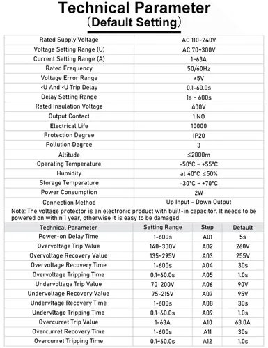 Vista 4 de DIHOOL Protector de voltaje ajustable 110V 220V, corte de bajo/alto voltaje y protección contra sobrecorriente, subvoltaje 70-200V, sobretensión