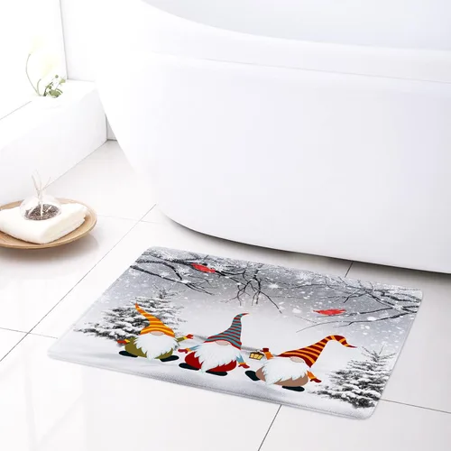 Vista 2 de HVEST Alfombra de baño de invierno, gnomos y cardenales en bosque nevado, alfombra de baño, alfombra de baño antideslizante de Navidad, accesorios