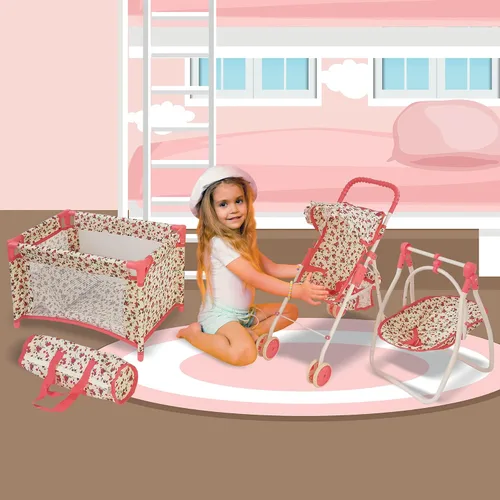 Vista 7 de Juego de Muebles de Cuna y Cochecito de Muñeca de Lujo, Juego de Accesorios Multi para Muñecas de 18", Incluye Cochecito de Muñeca, Columpio y Cama