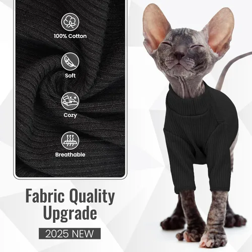 Vista 4 de DENTRUN Sphynx - Camisa de gatos sin pelo, camiseta de gatito, transpirable, cuello alto, adorable ropa de gato, chaleco de pijama Negro
