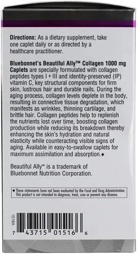 Vista 4 de BlueBonnet Nutrition Beautiful Ally®, Colágeno Tipo I + III, 1000 mg, 90 cápsulas