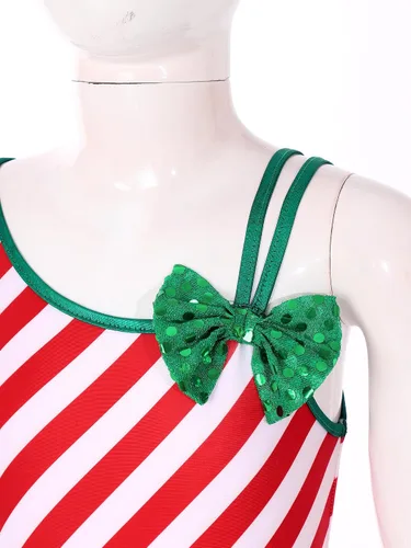 Vista 5 de iiniim Girls Kids Xmas Candy Cane Striped Unitard One Shoulder Jumpsuit Ballet Dance Cheer Performance Costume