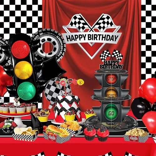 Vista 2 de Soporte redondo de 3 niveles para cupcakes con tema de luz de señal, soporte para postres con temática de coche, decoración de fiesta de cumpleaños