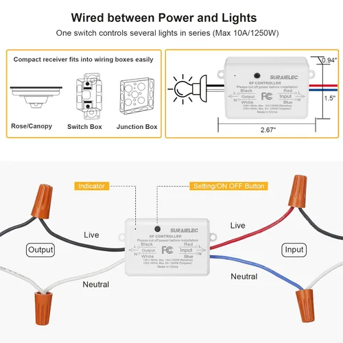 Vista 5 de SURAIELEC Interruptor de luz remoto inalámbrico, sin cableado, sin WiFi, rango de RF de 100 pies, preprogramado, kit de interruptor de pared