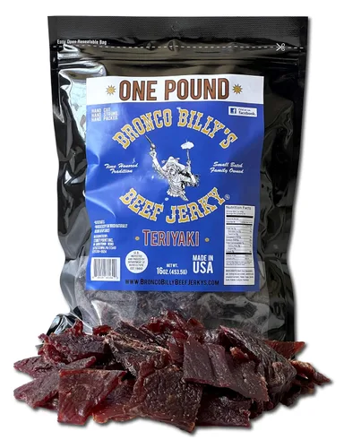 Vista 23 de Bolsa resellable de media libra de carne de res con sabor a bourbon Bronco Billy's Beef Jerky