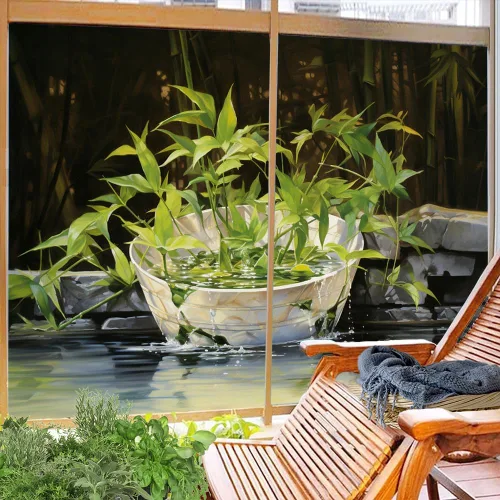Vista 4 de Película de privacidad para ventanas de plantas acuáticas, bambú verde, vintage, botánico, vitral, sin pegamento, película de adherencia estática