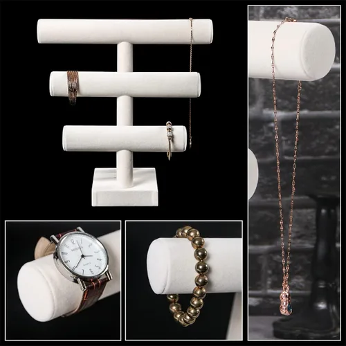 Vista 4 de Pangkeep Soporte de pulsera de 3 niveles, exhibiciones de pulseras para vender, soporte de exhibición de joyas beige para brazaletes, collares