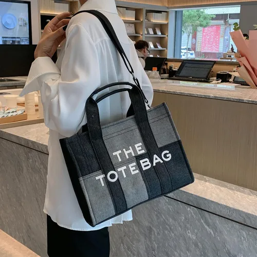 Vista 9 de Bolso de mano para mujer, bolso de mano con cremallera, lona, piel sintética, bolso cruzado de mezclilla, bolso de hombro para oficina, viajes