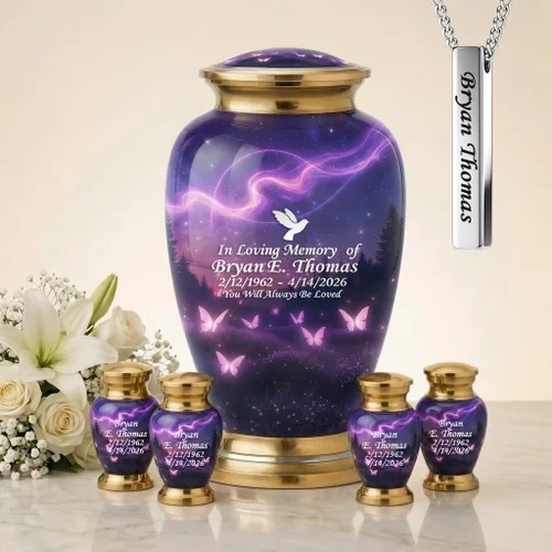 Vista 14 de Juego de 6 urnas de cremación decorativas personalizadas con diseño de mariposa azul para cenizas humanas, incluye 1 urna grande para cenizas
