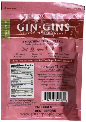 Vista 2 de The Ginger People GIN GINS - Caramelos masticables de jengibre y manzana, ayuda con las náuseas y con la digestión, envueltos individualmente, sabor