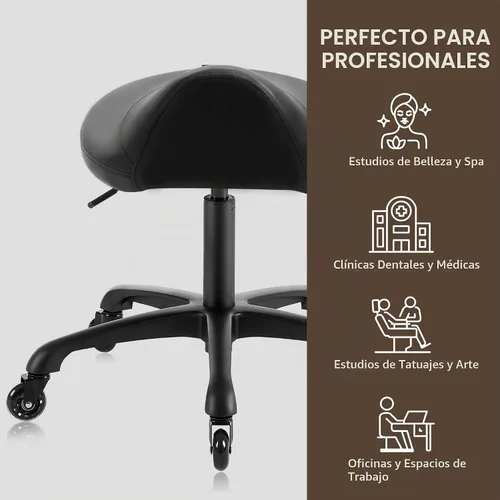 Vista 6 de Taburete grande giratorio neumático resistente con asiento extra ancho para clínica higiénica, spa, masaje, hogar y oficina, 505 KIMO (negro)