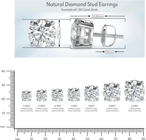 Vista 4 de Aretes de diamantes reales naturales con cierre de rosca seguro para mujeres y hombres, aretes de diamante de talla redonda de oro de 14 quilates