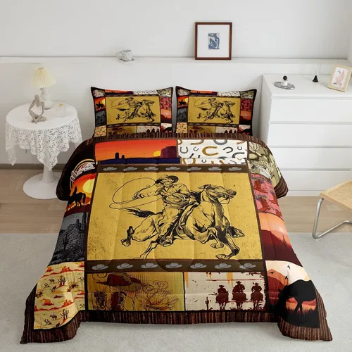 Vista 18 de Ropa de cama con estampado de vaca marrón tamaño individual, juego de edredón rústico de piel de vaca con calavera de vaca, relleno de edredón