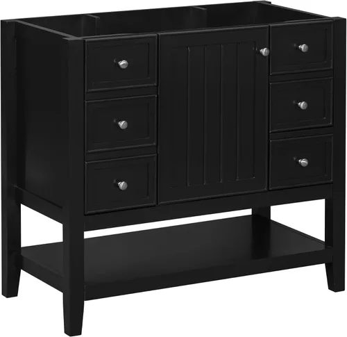 Vista 9 de Merax Mueble de baño de 35.5 pulgadas sin fregadero, solo base de gabinete, armario de baño con puerta individual y 3 cajones, color negro