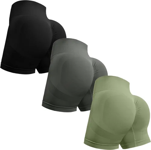 Vista 29 de Ovesport 3 piezas de pantalones cortos de entrenamiento para mujer, sin costuras, con levantamiento de glúteos, cintura alta, para yoga, gimnasio