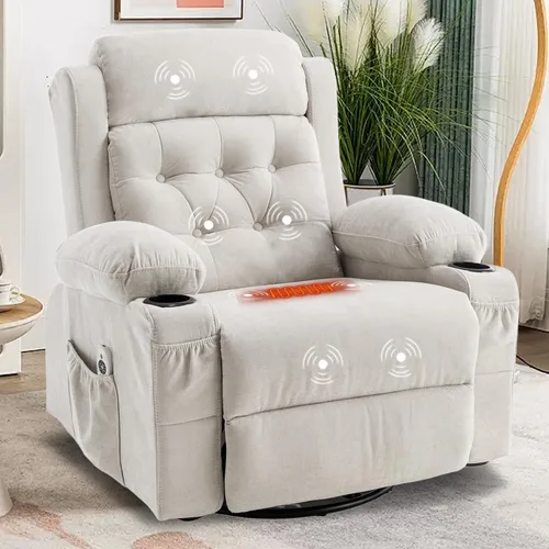 Vista 12 de Rocker - Silla reclinable con masaje y calor, sillón reclinable giratorio con relleno con soporte para tazas, bolsillo lateral USB, sofá mecedora