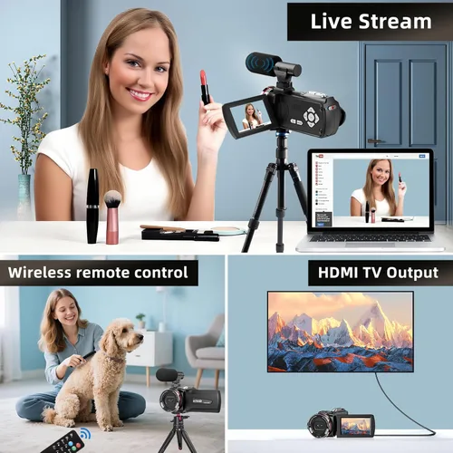 Vista 6 de Videocámara 4K UHD de 64MP para YouTube TikTok, doble lente gran angular de 120°, zoom digital 18X, pantalla IPS de 3.0 pulgadas, micrófono externo