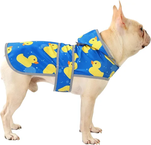 Vista 15 de Impermeable para perros pequeños y cachorros, chaqueta impermeable con capucha con tiras reflectantes, agujero para la correa y poncho de ajuste