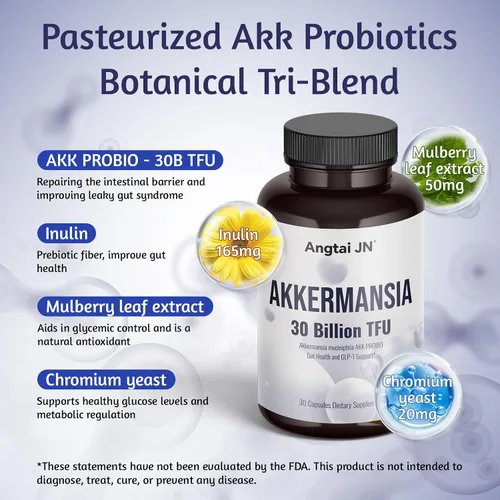 Vista 2 de Akkermansia Muciniphila Probiotic 30 mil millones de TFU, forma pasteurizada, con inulina prebiótica natural, suplemento GLP-1 para la salud