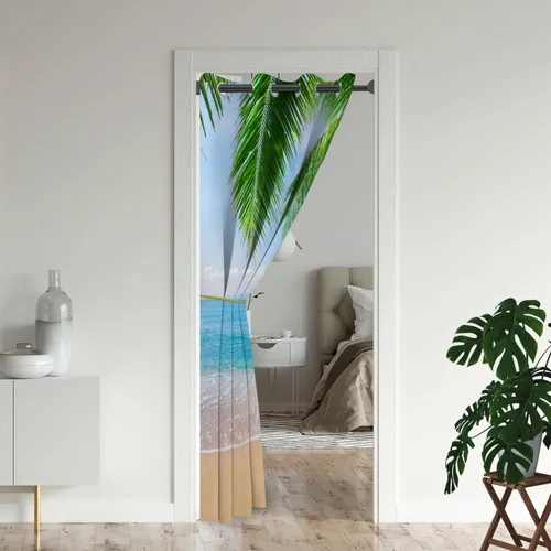 Vista 2 de Cortinas opacas para puerta de playa oceánica para puertas, cortinas opacas hawaianas de verano con palmeras para armario de dormitorio de niños