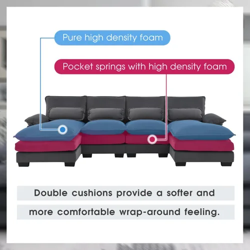 Vista 4 de Sofá modular en forma de U de 109.8 pulgadas con almohadas para la cintura, sofá simétrico tapizado de 6 asientos, sofá cama con diván, color gris