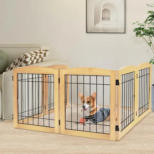 Vista 12 de LZRS Puerta plegable independiente de madera para perros de 2 paneles, madera maciza y alambre de acero, barrera para mascotas resistente a