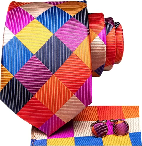 Vista 77 de Hi-Tie Corbata clásica de cachemira para hombre con pañuelo y gemelos a cuadros