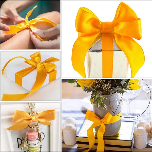 Vista 3 de Cinta de satén amarillo de color sólido, 3/8 pulgadas x 25 yardas, cinta de satén de tela para envolver regalos, manualidades, fabricación de lazos