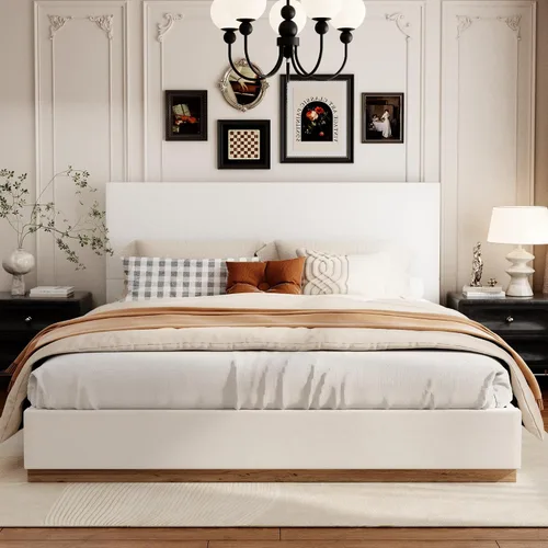 Vista 11 de Base de cama matrimonial con cabecero, plataforma tapizada de terciopelo con base de madera cerrada, estructura de metal y soporte de listones