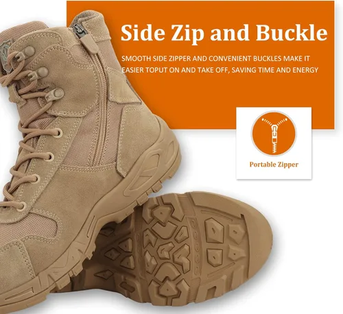 Vista 2 de QUNLON Botas tácticas militares para hombre, botas de combate transpirables, botas de trabajo militares de 8 pulgadas, con cremallera lateral, botas