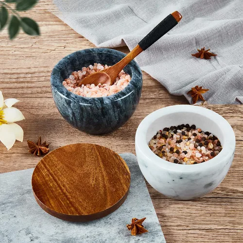 Vista 6 de MarcZero - Salero grande con caja de especias y condimentos, contenedor de pimienta, base de mármol con cubierta de madera, diseño elegante de gran