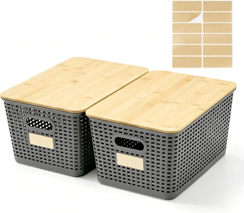 Vista 9 de Bagnizer Contenedores pequeños de plástico con tapas de bambú de 5.2 cuartos de galón, cesta apilable para despensa, contenedores decorativos lindos
