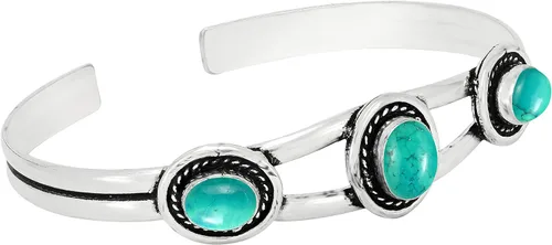 Vista 3 de Natural Three Gemstones 925 Silver Overlay Open Bangle for Women - Oval Stone Vintage Style Handmade Adjustable Cuff Bracelet Jewelry - Perfect for