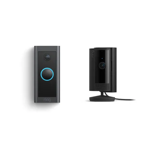 Vista 2 de Nueva cámara de interiores Ring Indoor Cam, color negro, con timbre Ring Video Doorbell Wired