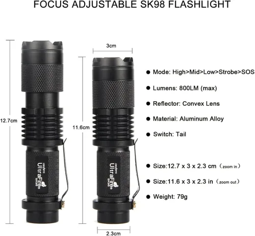 Vista 2 de ULTRAFIRE Super brillante mini linterna, Super Bight 800 Lumen linterna llevó la antorcha, kit de linternas de bolsillo ajustable SK98