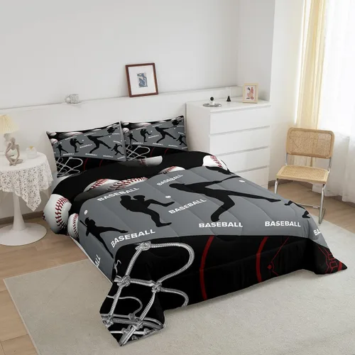 Vista 3 de Erosebridal Juego de edredón de béisbol para adolescentes y jóvenes, juegos de ropa de cama geométricos negros y grises para regalo para niños