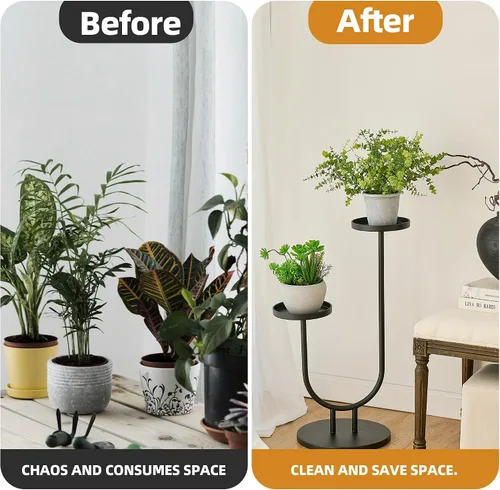 Vista 5 de Soporte para plantas para interiores, soporte de esquina de metal de 2 niveles de alto, estante de exhibición de flores al aire libre para ventana
