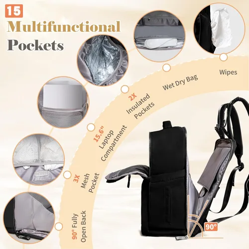 Vista 4 de Mochila para pañales con cambiador, bolsa de bebé multifunción impermeable, bolsa de viaje esencial para baby shower, pañaleras para bebe con 15